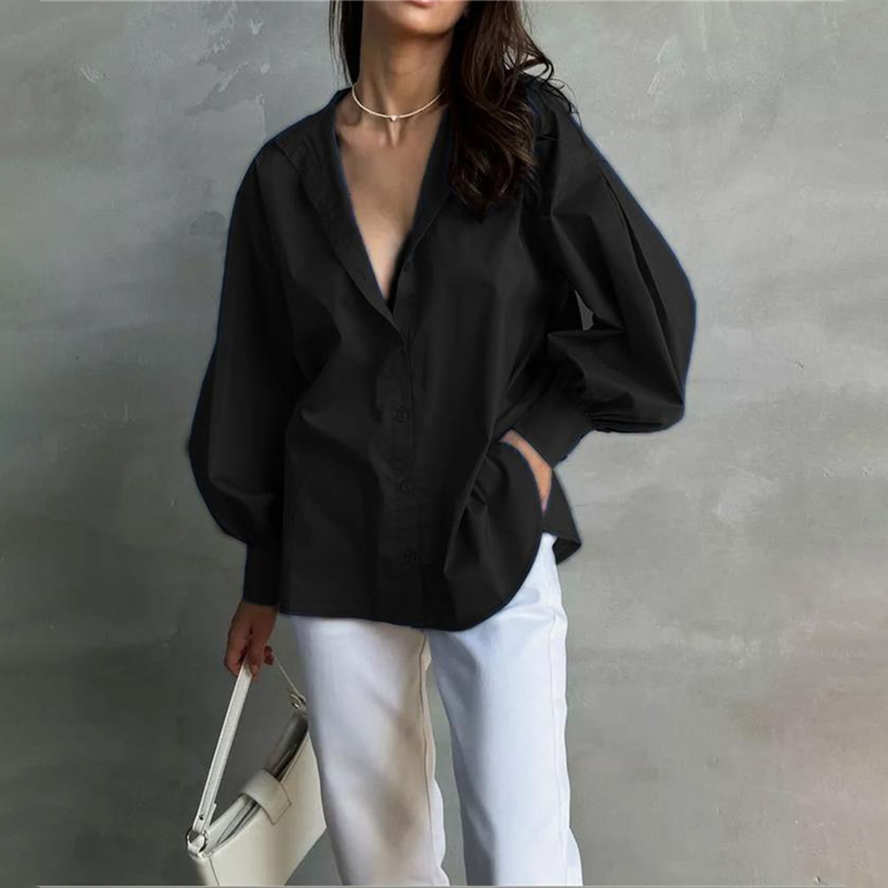 Lantern-Sleeve Solid Blouse