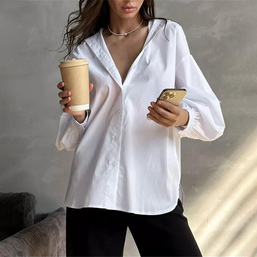 Lantern-Sleeve Solid Blouse