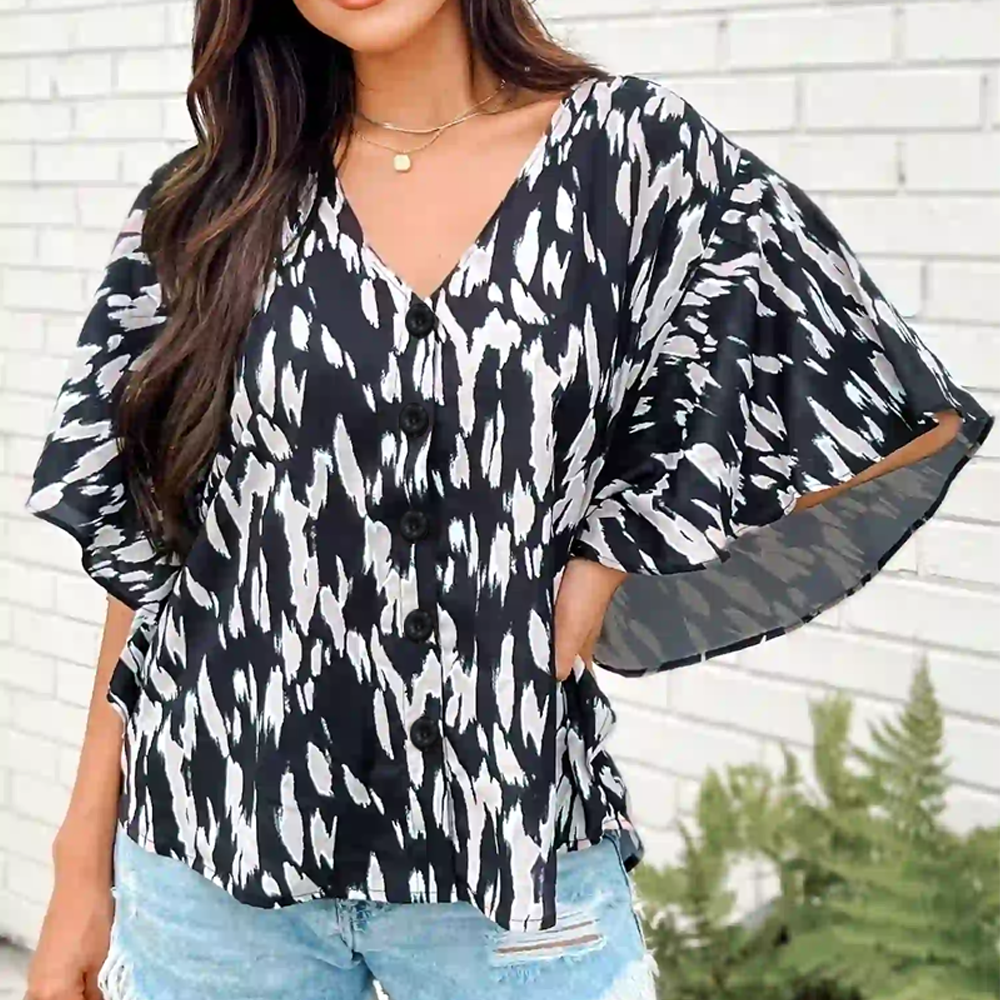 Plus-Size Spotted Button V-Neck Blouse