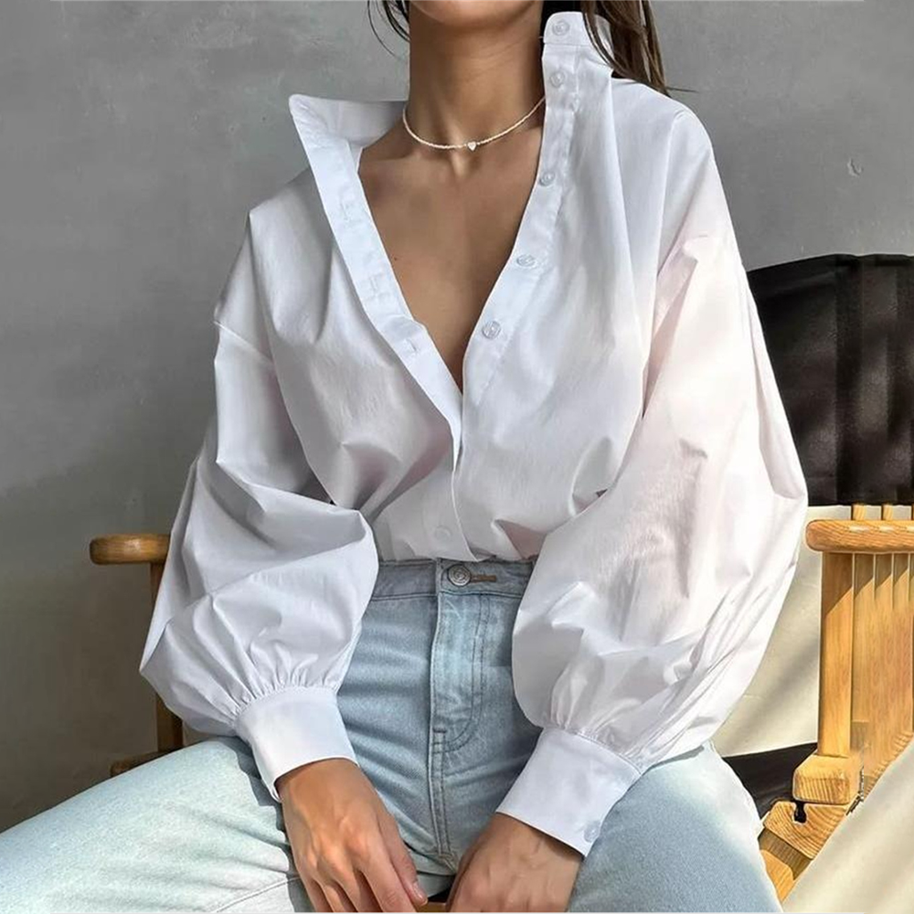 Lantern-Sleeve Solid Blouse