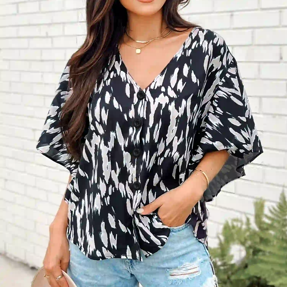 Plus-Size Spotted Button V-Neck Blouse