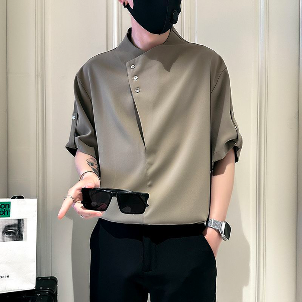 Stand-Collar Mid-Sleeve Print Blouse