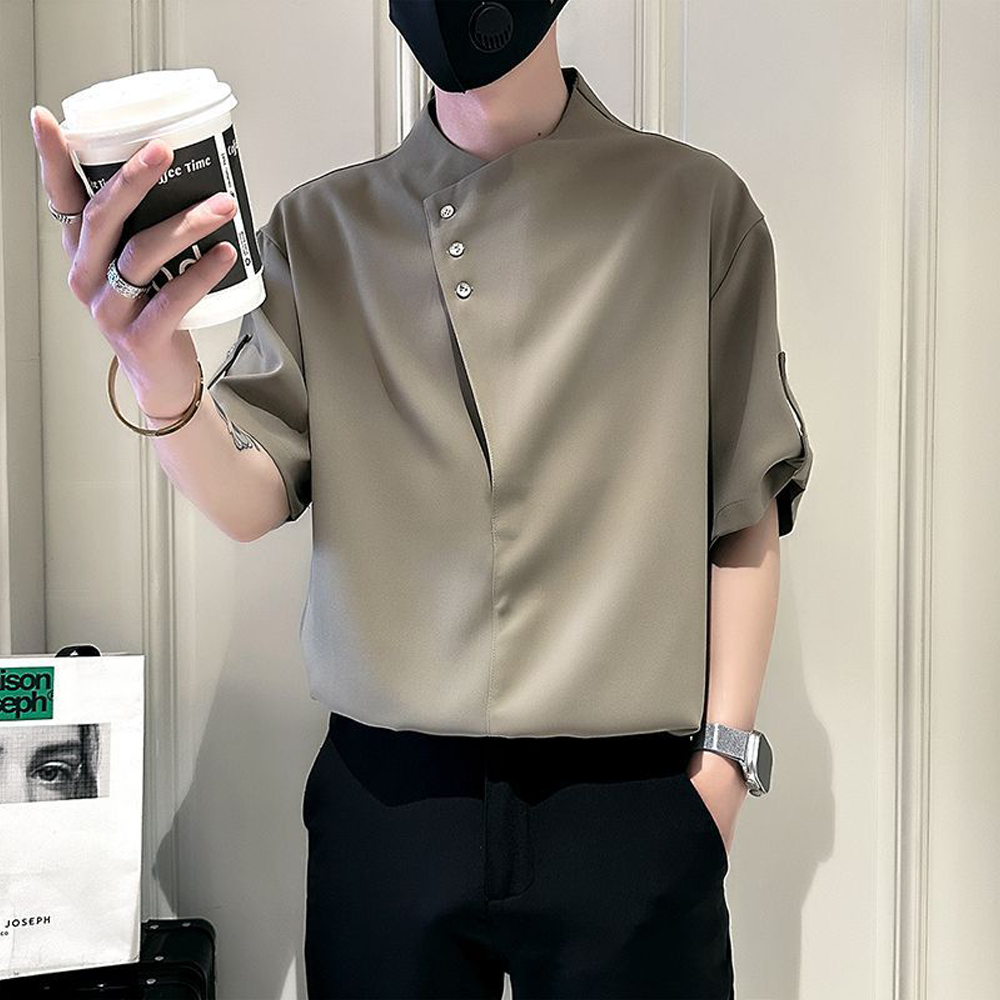 Stand-Collar Mid-Sleeve Print Blouse