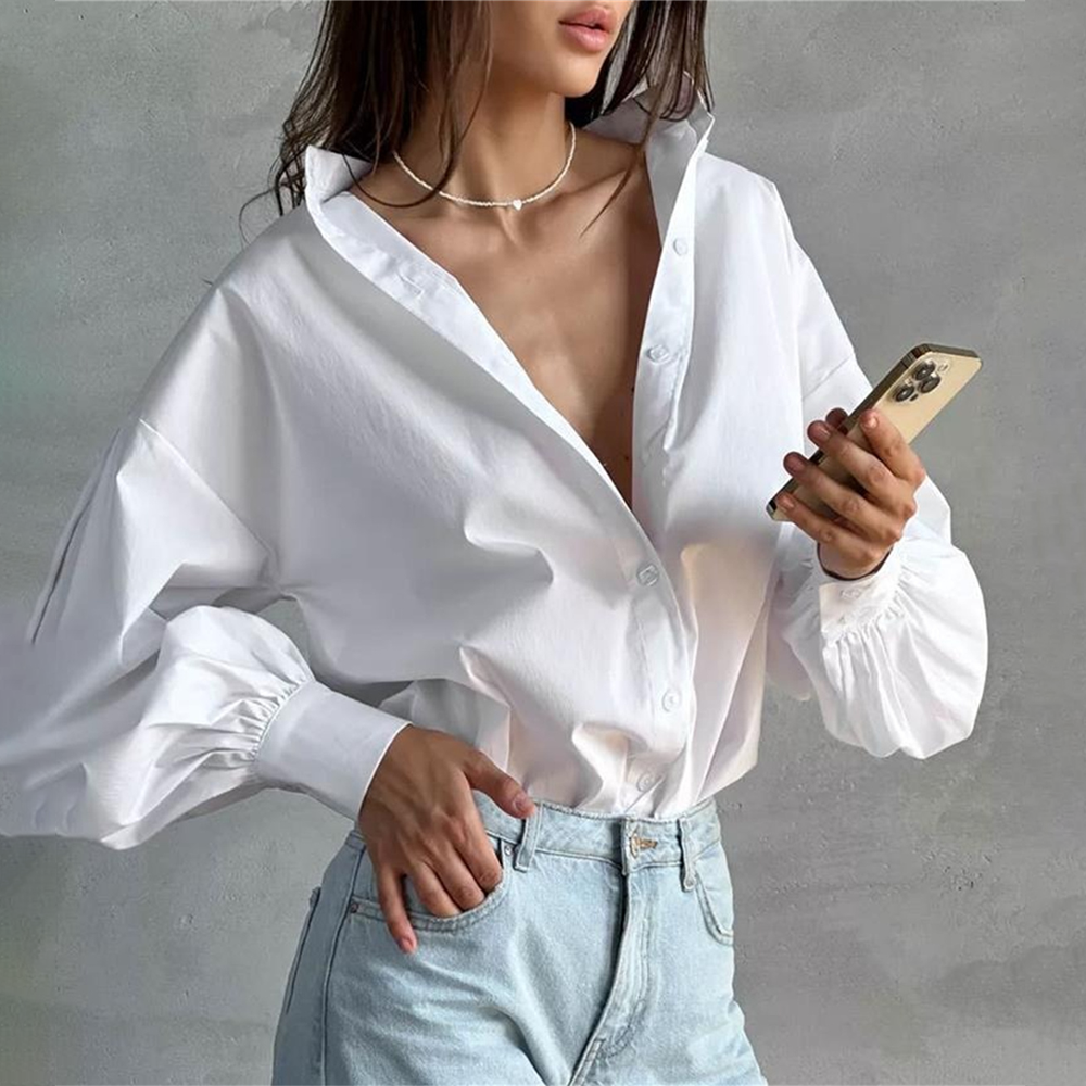 Lantern-Sleeve Solid Blouse