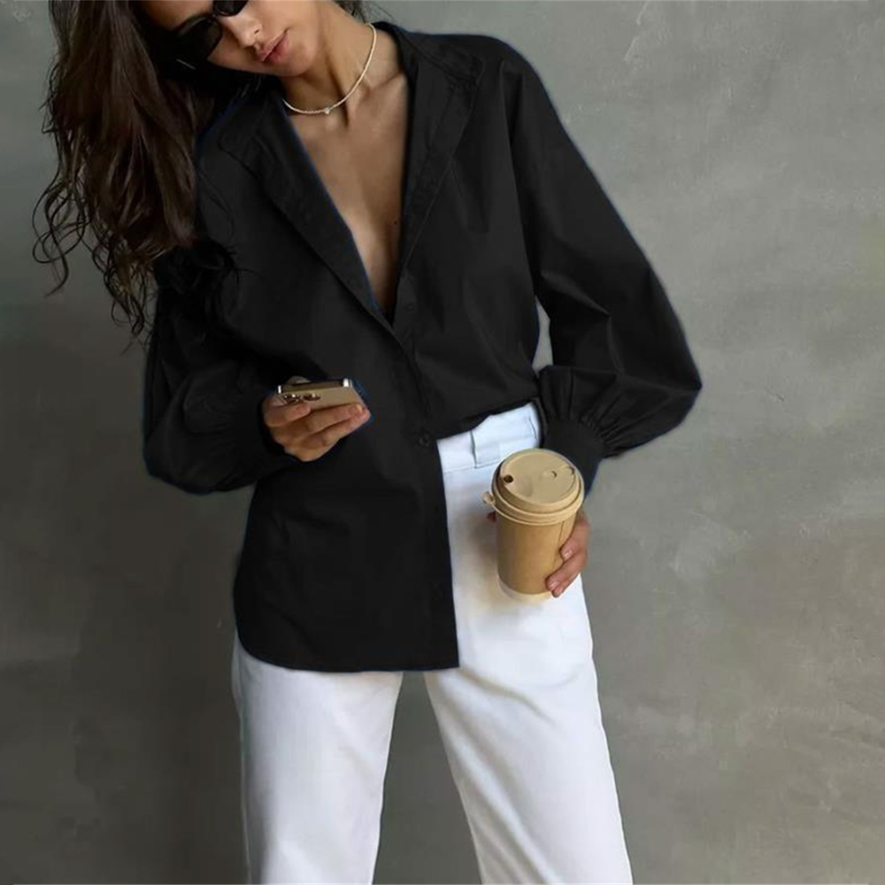 Lantern-Sleeve Solid Blouse