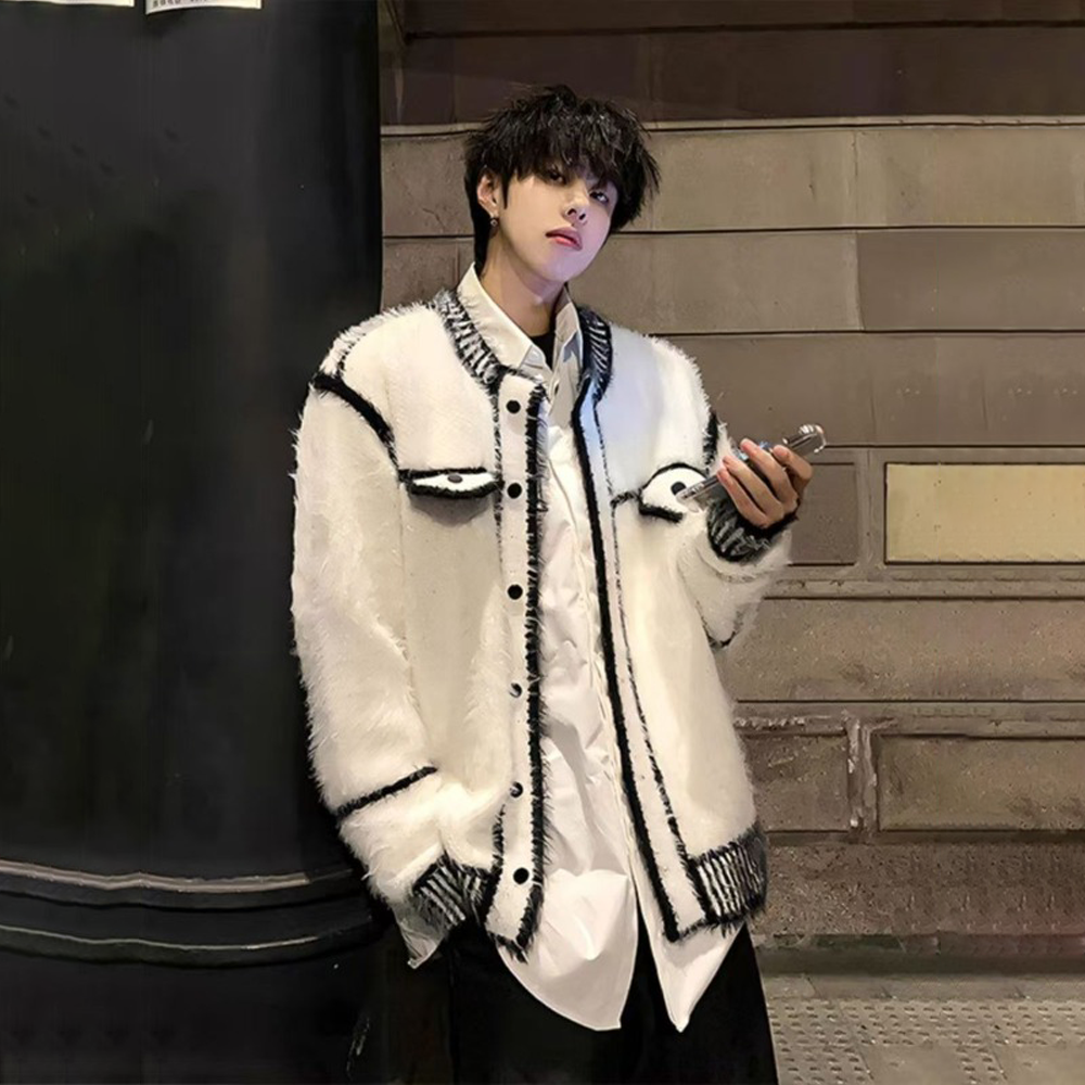 Black-White Contrast Oversize Knit Cardigan
