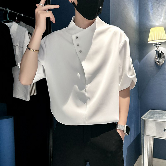 Stand-Collar Mid-Sleeve Print Blouse