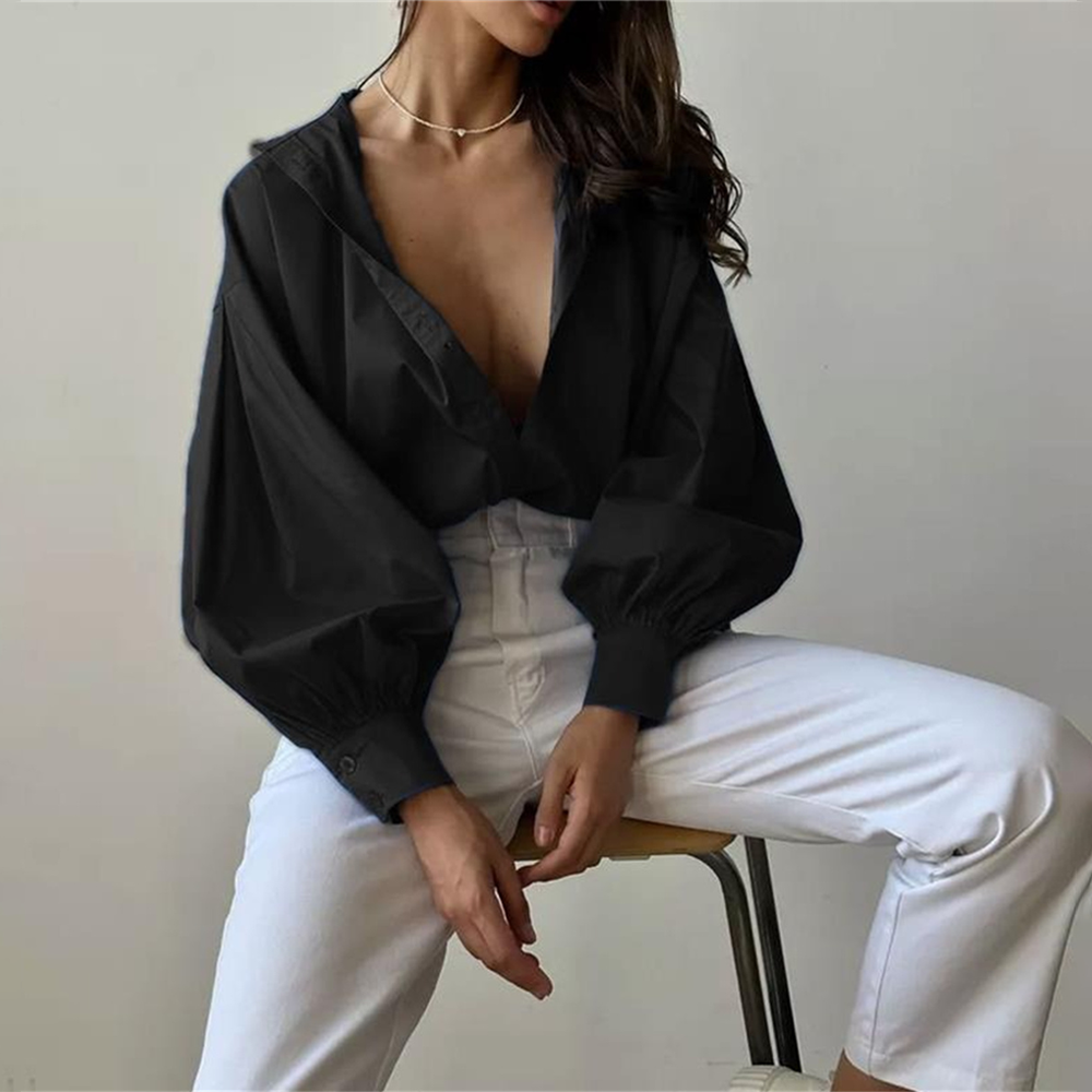 Lantern-Sleeve Solid Blouse