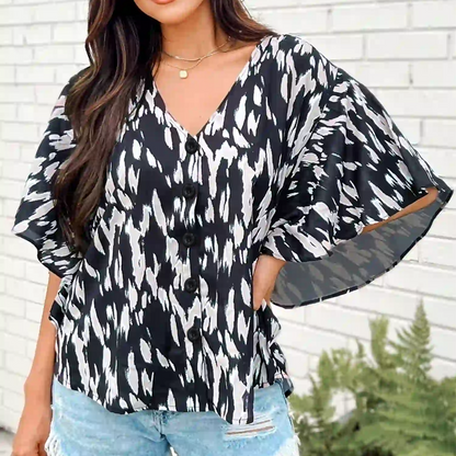 Plus-Size Spotted Button V-Neck Blouse