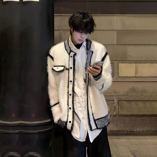 Black-White Contrast Oversize Knit Cardigan