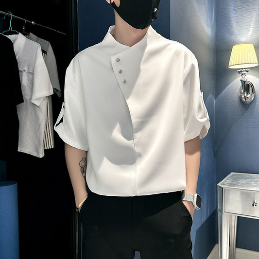 Stand-Collar Mid-Sleeve Print Blouse