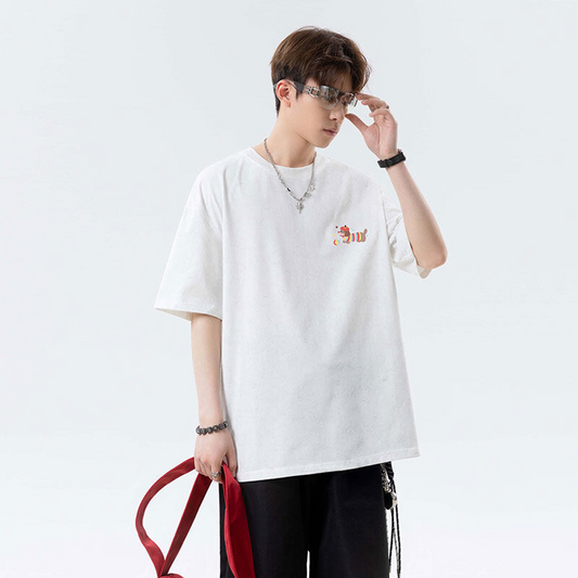 Oversized Distress Dog-Print Cotton T-Shirt