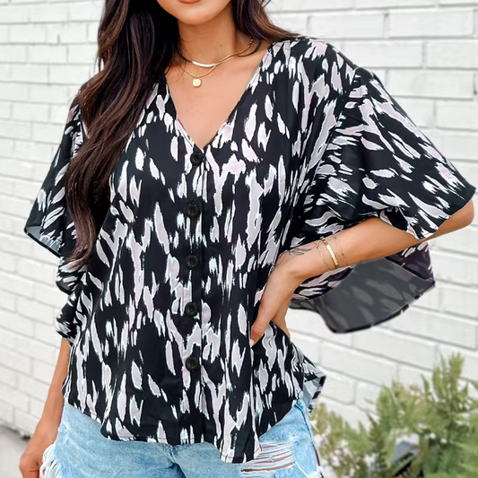 Plus-Size Spotted Button V-Neck Blouse