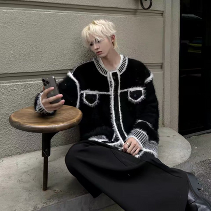 Black-White Contrast Oversize Knit Cardigan