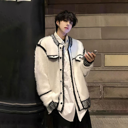 Black-White Contrast Oversize Knit Cardigan